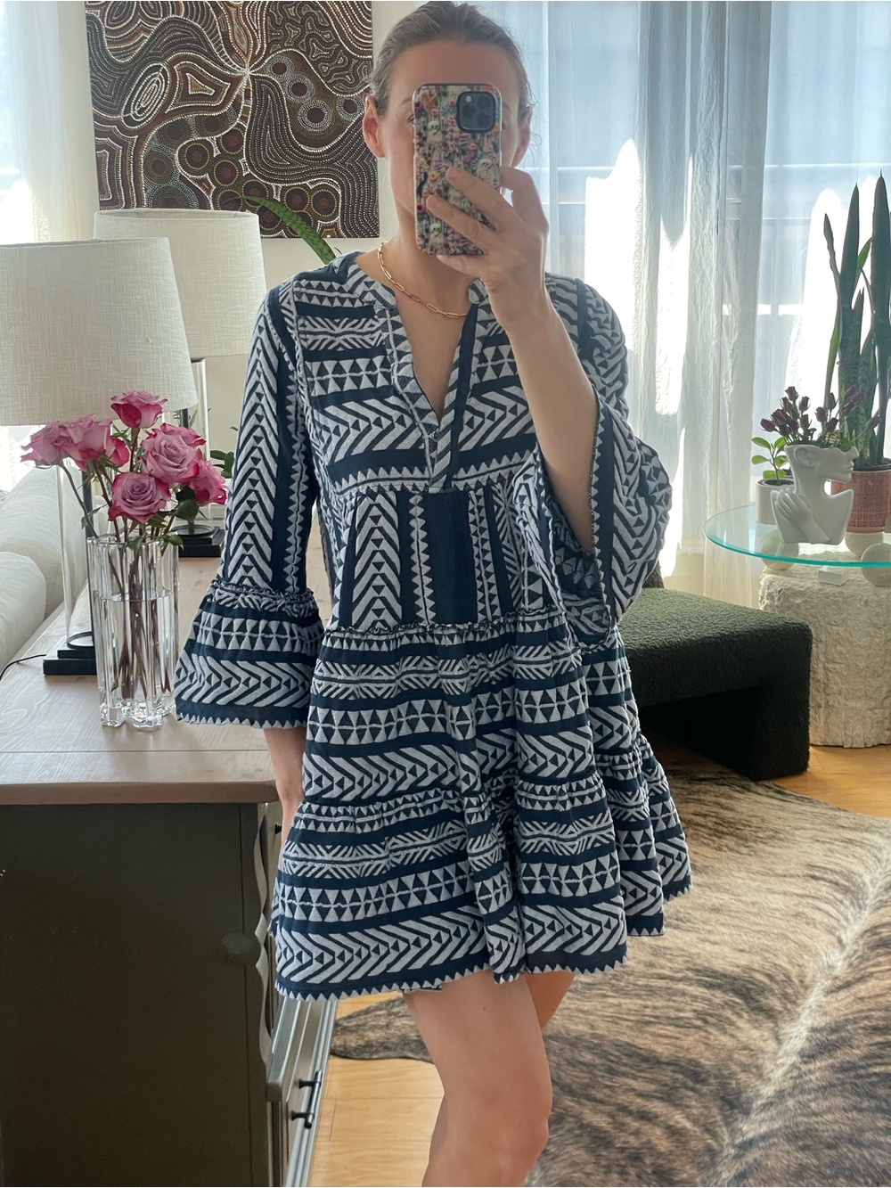Devotion TWINS Navy and White Geometric V-Neck Dress